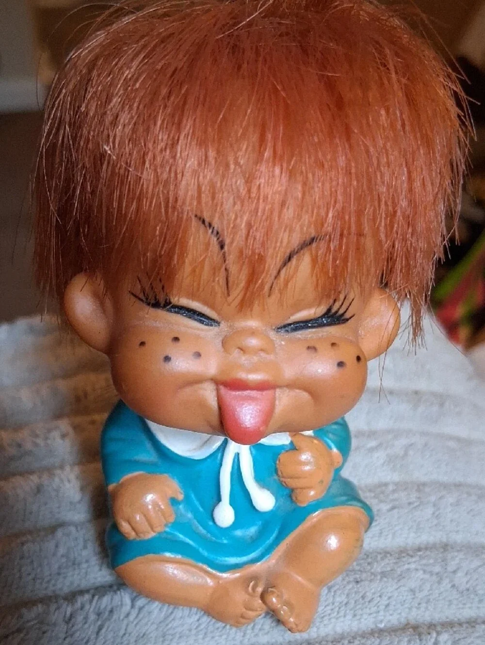 Cheerful Kids Doll Figurine in Teal Outfit with Red Hair